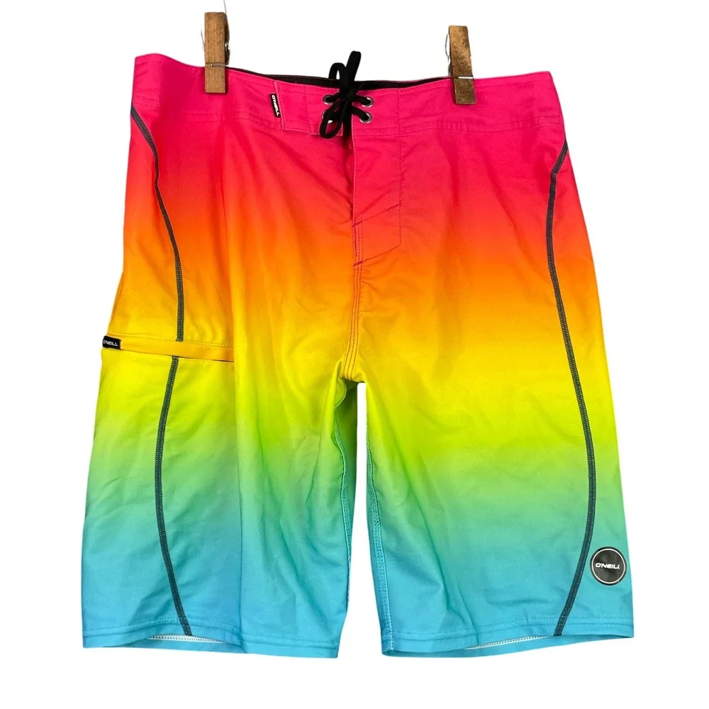O'Neill Board Shorts Mens 30 Rainbow Ombre Hyperfreak Stretch Swim Trunks Pink